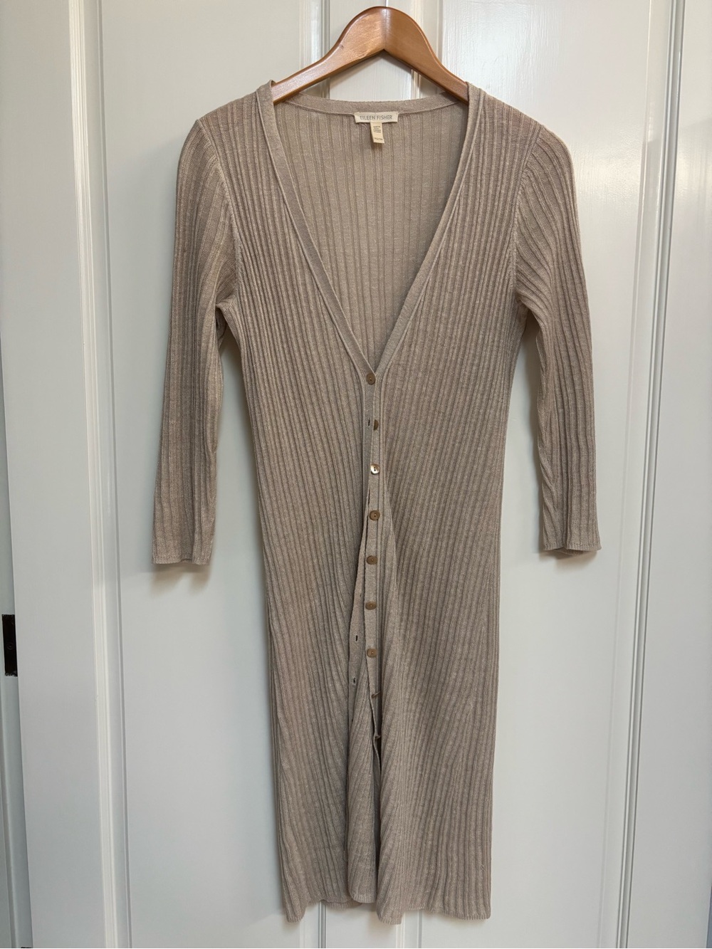 Eileen Fisher Beige Ribbed V Neck Button Front Duster Cardigan XS